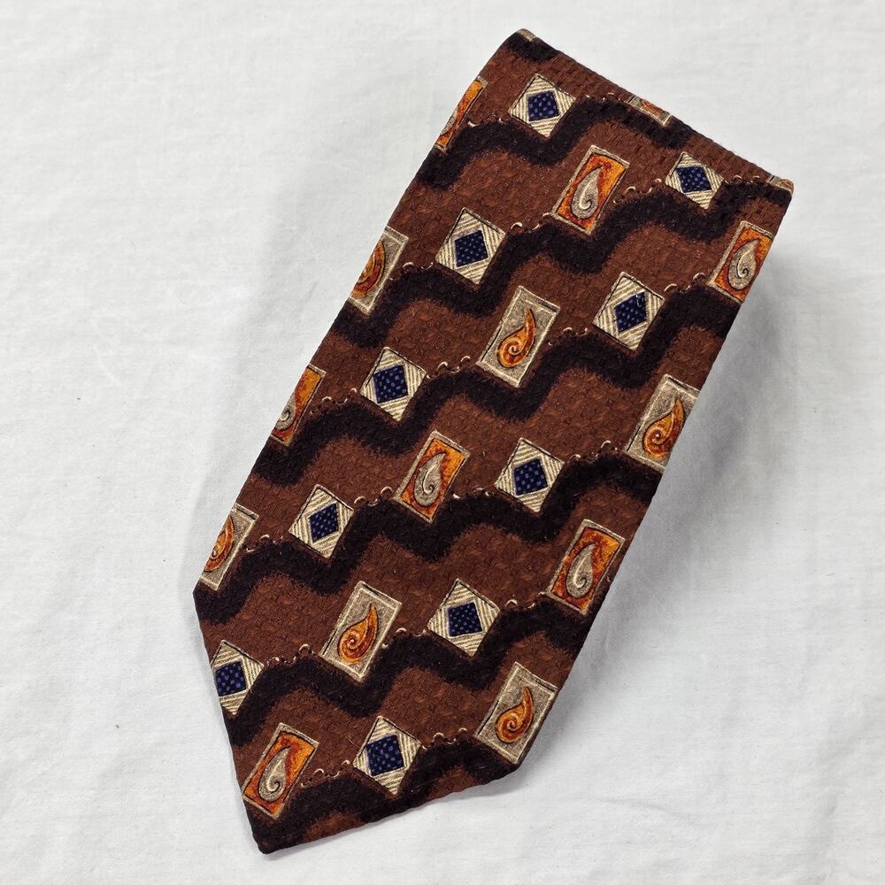 Robert Talbott Omaggio Silk Necktie Tie Brown Italy Artsy Patchwork Mod Retro